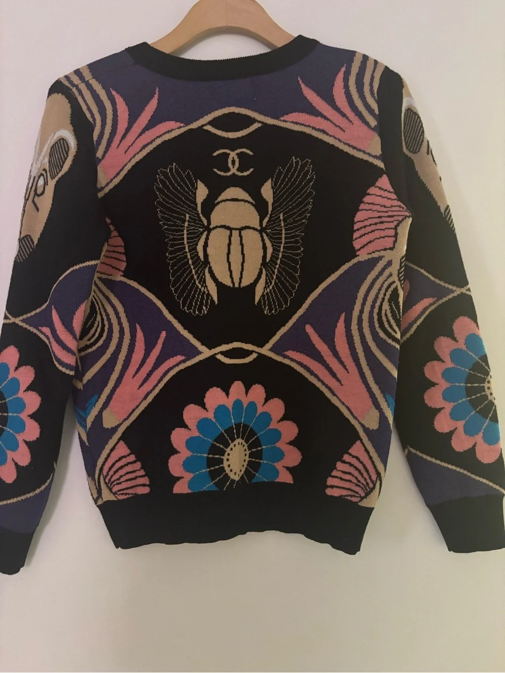 CHANEL Black Multicolor Crewneck Sweater with Scarab & Floral Motifs
